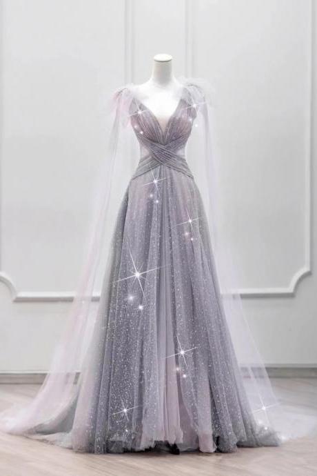 Luxury Purple Gray Evening Dresses With Cape Shawl V Neck Sequined Pleated Crystal Arabic Dubai Formal Prom Gowns