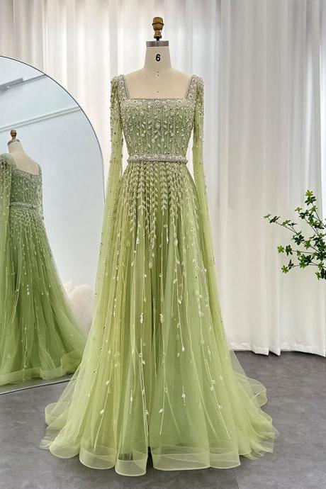 Luxury Dubai Evening Dresses For Women Wedding Square Neck Sleeves Arabic Muslim Formal Party Gowns