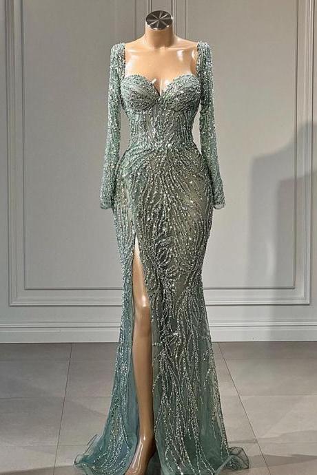 Turquoise Elegant Mermaid Sexy High Split Beaded Evening Dresses Gowns For Women Wedding Party