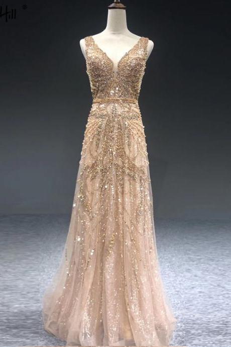 Dubai Gold A-line Luxury Evening Dresses V-neck Pearls Crystal Sleeveless Fromal Gown
