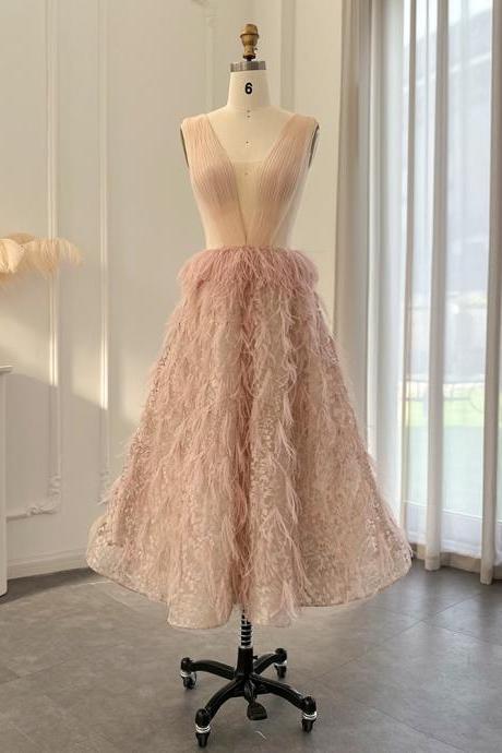 Luxury Dubai Feather Blush Pink Short Evening Dresses For Women Wedding Party Midi Formal Cocktail Prom Gowns