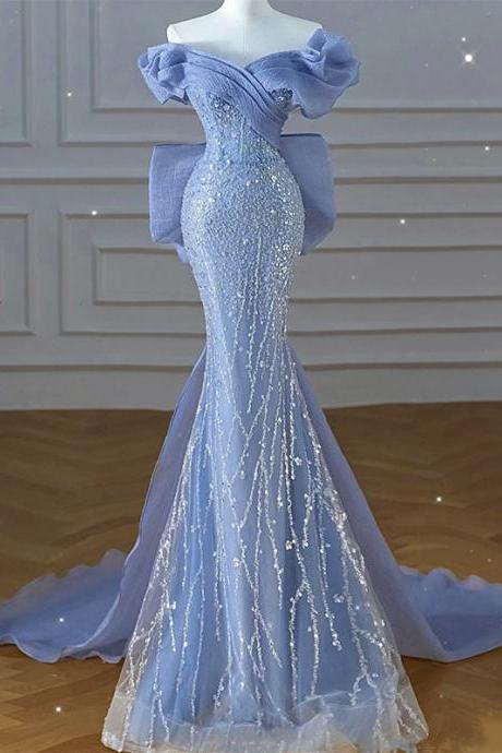 Luxury Blue Prom Dresses Off The Shoulder V Neck Beading Sequins Mermaid Detachable Bow Train Pleated Evening Gowns Vestidos