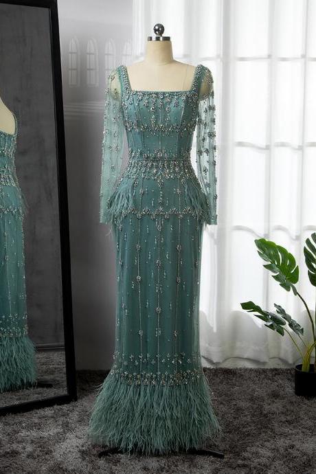 Turquoise Mermaid Elegant Evening Dress Luxury Beaded Feather Long Sleeves For Muslim Women Party Gown