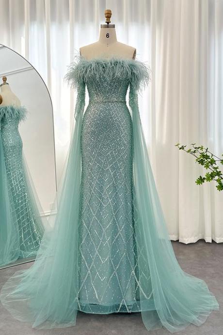 Luxury Feather Turquoise Dubai Evening Dress With Cape Sleeves Lilac Arabic Women Wedding Party Prom Gown