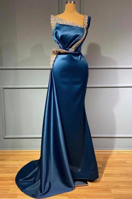 Formal Elegant Evening Dresses Ladies Blue With Beads Square Neck Satin Mermaid Ball Gown Luxury Crystal Arabian Long Party