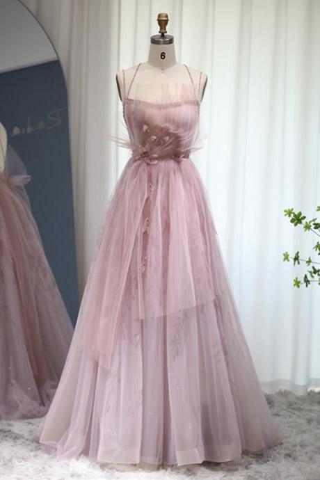 Lilac Floral Tulle Long Evening Dress Spaghetti Straps Backless Formal Prom Dresses For Wedding Party