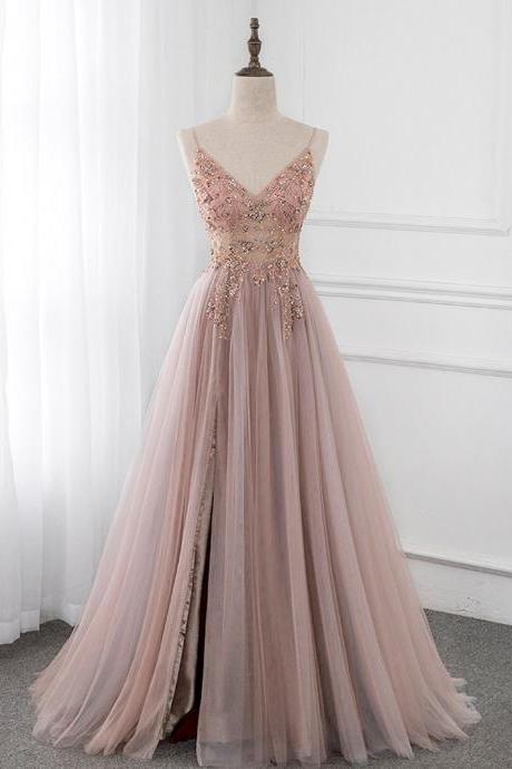 Luxury Dusty Pink Bridesmaid Dresses Spaghetti Straps V-neck Rhinestones Beading Crystal Wedding Paety Formal Prom Evening Gowns