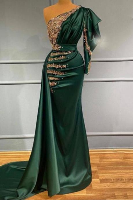 Bridalaffair Chic Mermaid Promdress One Shoulder Beaded Lace Long Sleeves Green Satin Arabic Muslim Formal Party Dresses