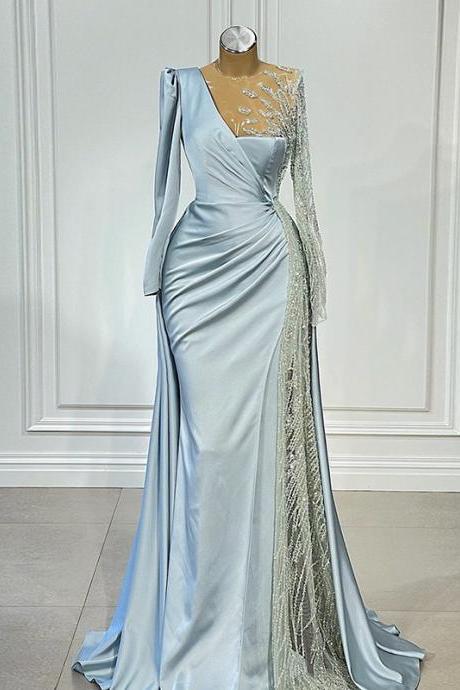 Light Blue Long Sleeve Arabic Evening Dress For Women Wedding Party Elegant Satin Luxury Formal Prom Dresses