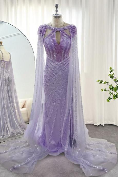 Straight Luxurious Dubai Dropped Shoulder Sleeve Beaded Lilac Women's Evening Dress Wedding Elegant Arabian Formal Party Gowns