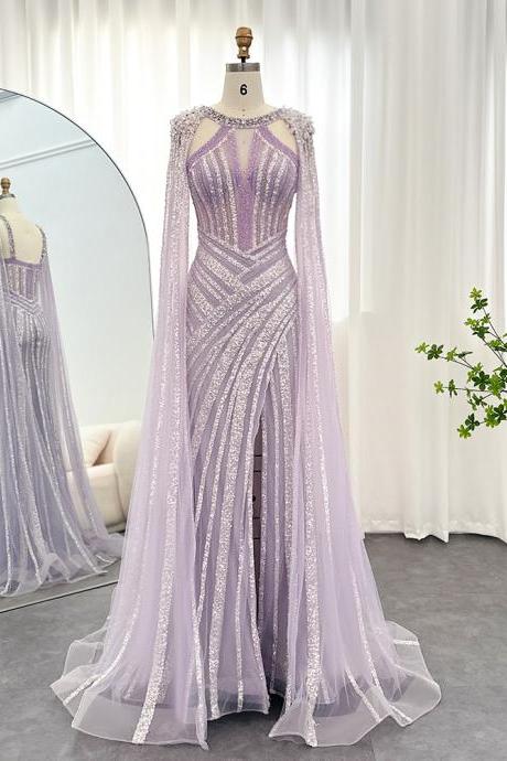 Luxury Crystal Dubai Lilac Evening Dress With Cape Sleeves Yellow Arabic Mermaid Women Wedding Party Gown