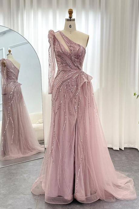 Luxury Dubai Pink One Shoulder Evening Dresses With Overskirt Sage Green Elegant Woman Wedding Party Gown