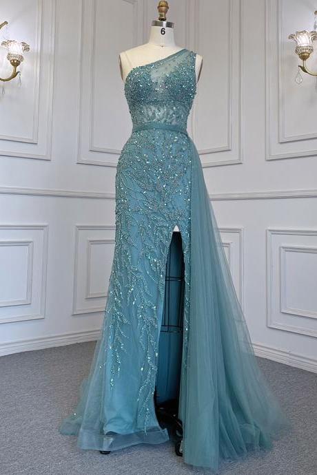 Turquoise Mermaid Elegant With Skirt Sexy High Split Evening Dresses Gowns Luxury Beaded Crystal
