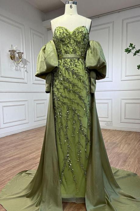 Arabic Olive Satin Mermaid Strapless Puff Sleeves Beaded Evening Dresses Gowns For Women Wedding Party