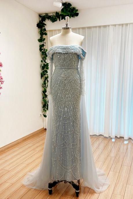 Elegant Sky Blue Mermaid Pearls Evening Dress for Women Long Sleeves with Detachable Train Formal Prom Wedding Party Gowns