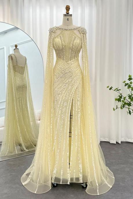 Luxury Crystal Dubai Yellow Evening Dress With Cape Sleeves Lilac Arabic Mermaid Women Wedding Party Gown