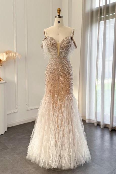 Luxury Feathers White Nude Prom Evening Dresses Elegant Burgundy Long Navy Blue Wedding Formal Party Gown