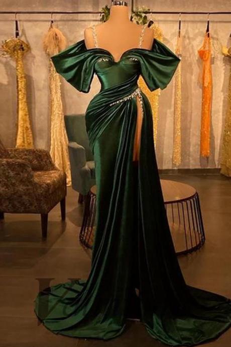 Vintage Dark Green Crystal Spaghetti Strap Dignified Evening Dress Side Slit Pageant Made To Order Vestidos Gowns Formal Prom