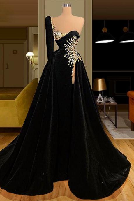 Evening Dress Black Velvet Slit Beads One Sleeve Sexy Sweetheart Sequined Long Formal Occasion Luxury Robe Soiree Women Prom