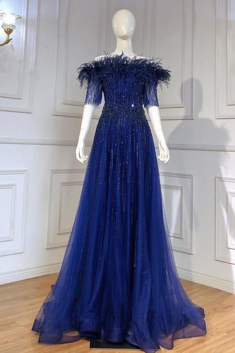 Blue Boat Neck Luxury Evening Dresses Gowns Short Sleeves Beaded Feather A-line For Women Party