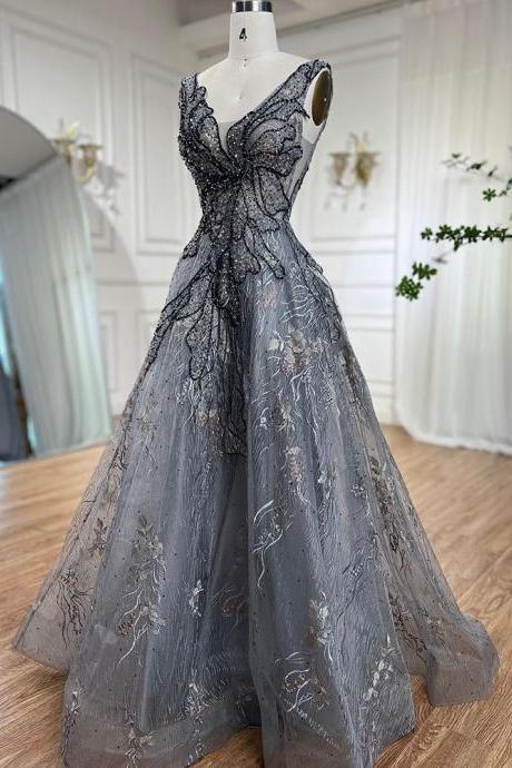Grey A Line Luxury Evening Dresses Beaded Sleeveless Sexy For Women Wedding Party