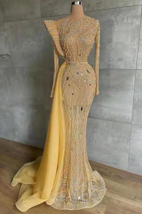 Gold Overskirt Luxury Evening Dresses Gowns Beaded Mermaid Elegant For Women Party Dress