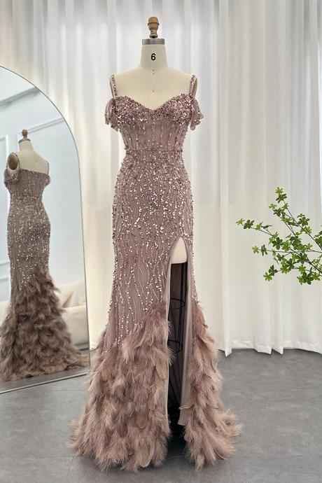 Luxury Pink Mermaid Feathers Prom Dresses Spaghetti Straps Green Black Blue Women Wedding Evening Dress