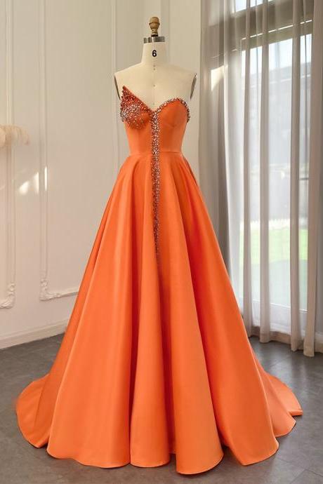 Elegant Orange Long Arabic Evening Dresses Luxury Dubai Crystal Black Side Slit Women Wedding Party Gowns
