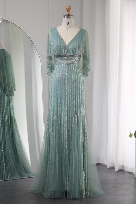Dubai Luxury Sage Green Mermaid Evening Dresses With Cape V-neck Arabic Elegant Women Wedding Party Gowns