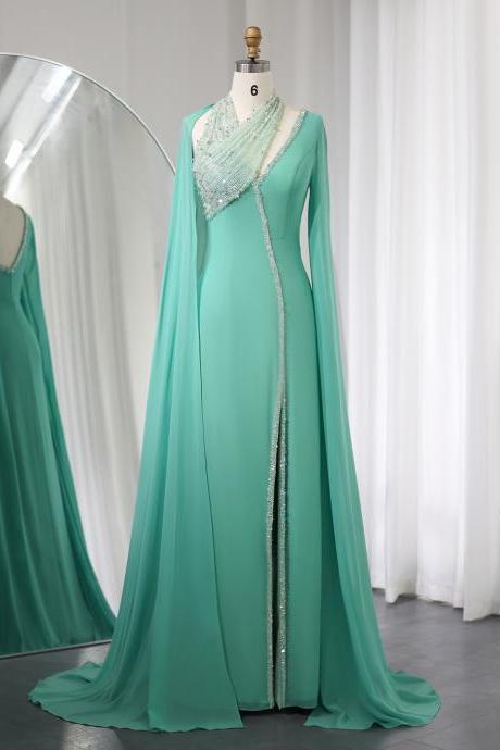 Turquoise Green Chiffon Dubai Evening Dress With Cape Sleeves Luxury Beaded Arabic Women Wedding Party Gowns