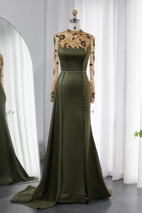 Luxury Dubai Olive Green Mermaid Evening Dress For Women Wedding Elegant Long Sleeve Muslim Formal Party Gowns