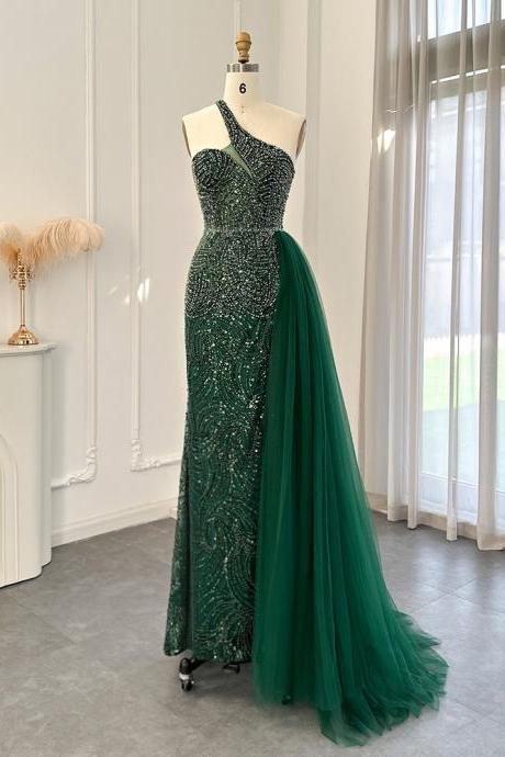 Emerald Green One Shoulder Evening Dresses With Overskirt Side Slit Luxury Champagne Mermaid Prom Formal Gowns