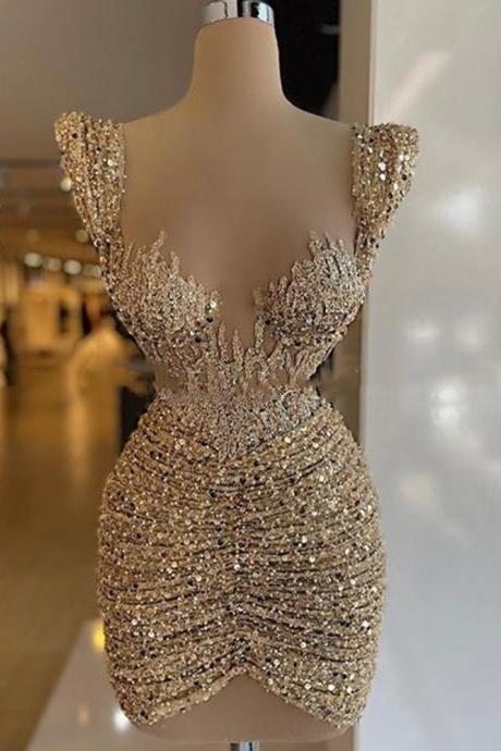 Gold Prom Dresses Mini Short Beaded Formal Party Night Vestidos Elegant Cocktail Dress Homecoming Gowns