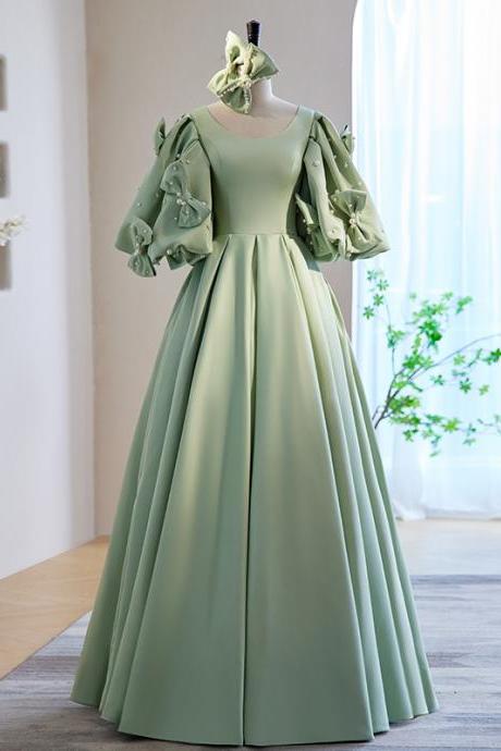 Evening Dress Green O-neck Pleat Floor Length Lace Up Short Sleeves Satin A-line Luxurious Plus Size Women Party Dresses