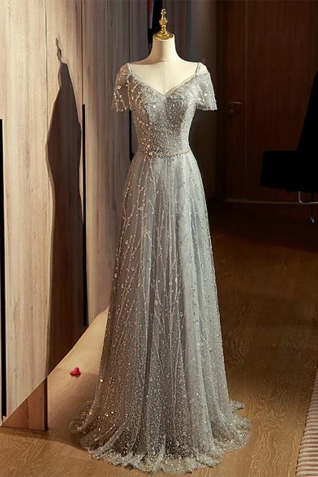 Luxury Grey V-neck Banquet Evening Dress Sequins Crystal Beads Floor Length Vestido De Festa Longo Formal Party Graduatin Gown