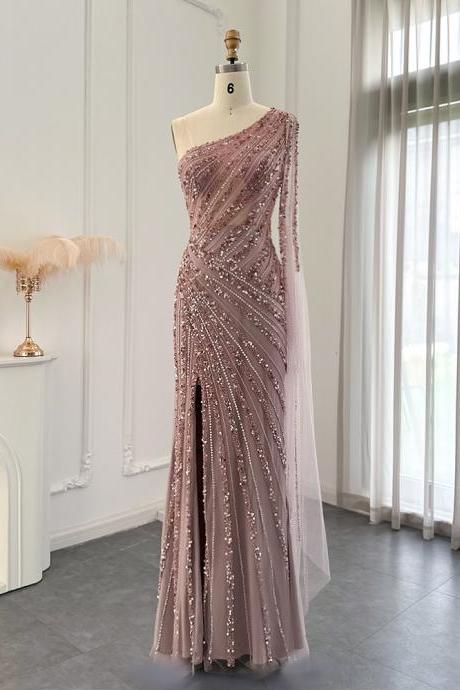 Luxury Pink One Shoulder Mermaid Arabic Evening Dresses With Cape Sleeve Side Slit Dubai Wedding Party Gowns