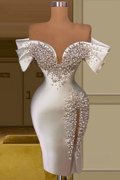 Luxury Sheath White Short Evening Prom Dress Off Shoulder Beading Pearls Satin Formal Party Gowns