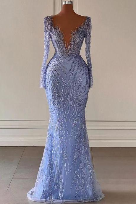 Elegant Mermaid Sexy V-neck Luxury Evening Dresses Gowns Beaded For Women Party Prom Dress