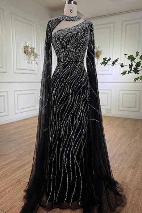 Black Mermaid Elegant Cape Sleeves Beaded Luxury Evening Dresses Gowns For Women Arabic Party