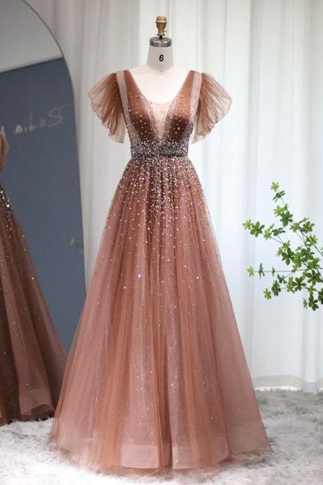 Sparkling Beaded Brown Luxury Dubai Evening Dresses For Women Wedding Elegant V-neck Long Formal Party Gowns
