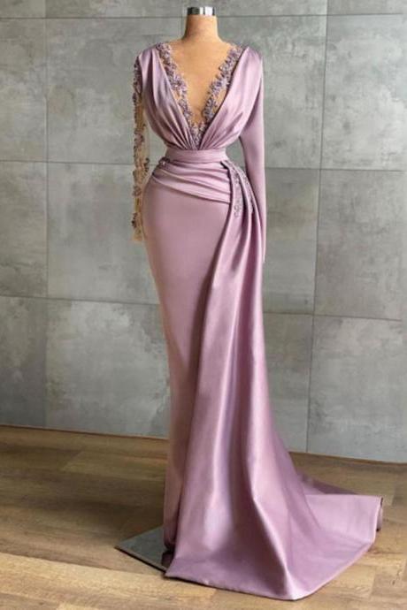 Luxury Purple Mermaid Prom Dress V Neck Appliques Lace Long Sleeves Party Evening Gowns