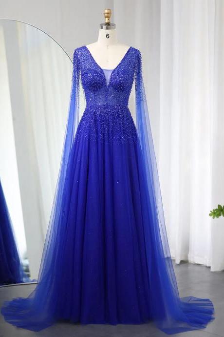 Royal Blue Luxury Dubai Evening Dress With Cape Sleeves Elegant Pink V-neck Purple Women Wedding Party Gowns