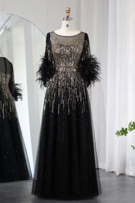Luxury Feathers Black Dubai Evening Dresses for Women Elegant Fuchsia Arabic Half Sleeve Wedding Party Dress