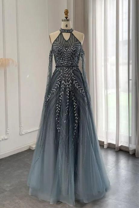 Luxury Dubai Blue Evening Dresses With Cape Sleeves Elegant Silver Gray Gold Women Wedding Party Gown In Stock