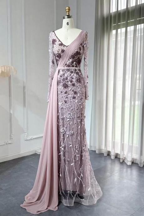 Luxury Dubai Pink Mermaid Evening Dresses With Overskirt Long Sleeves Elegant Plus Size Women Wedding Party
