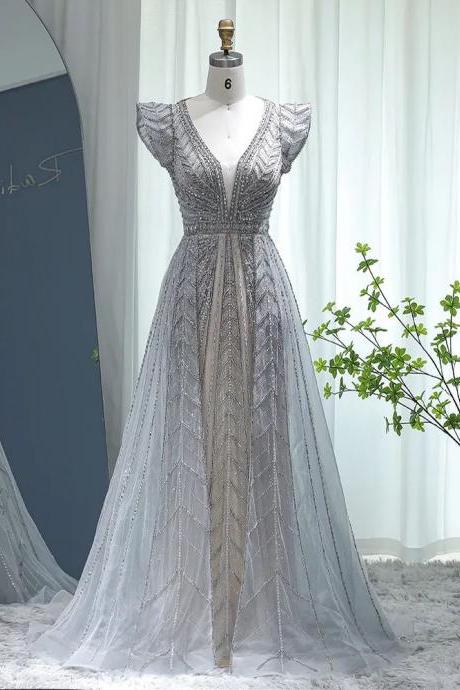 Luxury Dubai Silver Nude Evening Dresses Overskirt Elegant Cap Sleeve Crystal Arabic Formal Dress For Women Wedding Party