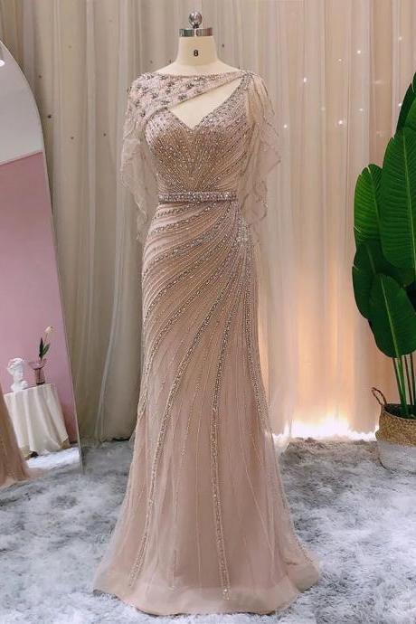 Arabic Champagne Dubai Mermaid Evening Dress With Cape Luxury Bead Formal Prom Dresses For Women Wedding Party