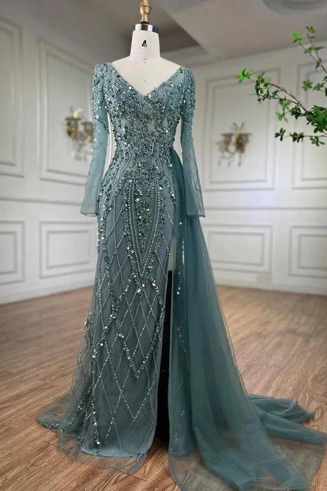 Turquoise High Split Meramid Long Sleeves Evening Dress With Beaded For Women Wedding Party
