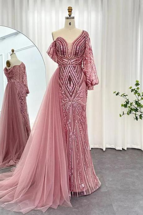 Elegant One Shoulder Mermaid Pink Evening Dress For Women Long Luxury Green Rose Gold Wedding Party Gowns