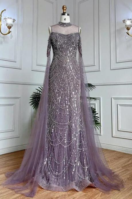 Arabic Purple Mermaid Cape Sleeves Beaded Luxury Long Evening Dresses Gowns For Woman Wedding Party